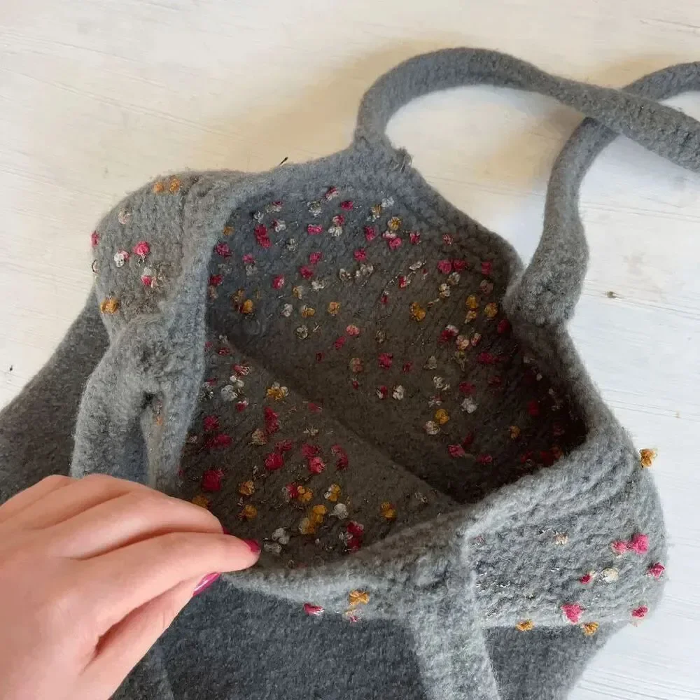 Vintage Hand-Knit Felted Wool Tote Bag w/ Colorful Accents